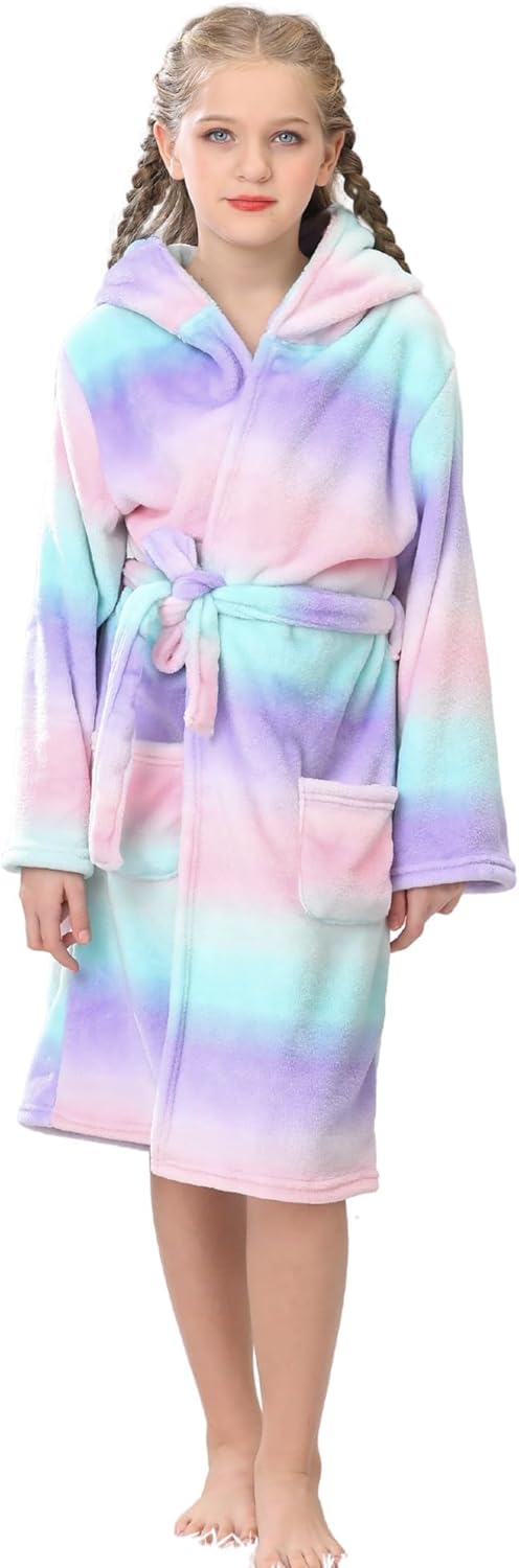 Girls Hooded Fleece Bathrobe - Soft Plush Warm Robe for Kids 3-14 Years