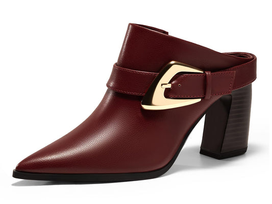 Coutgo Womens Mules Boots Chunky Stacked Heel Pointed Toe Booties Slip On Dress Boot Shoes with Buckle Decoration, Reddish Brown, Size 6.5