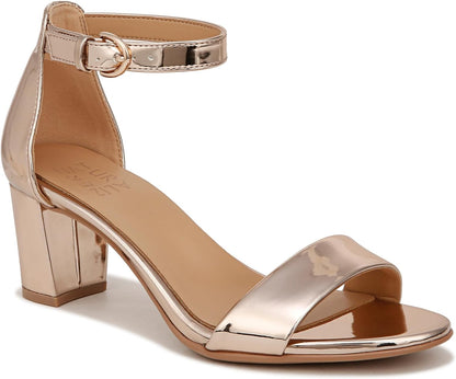 Heeled Sandals for Women - Block Heel Dress Sandals with Ankle Strap Rose Gold Faux Leather