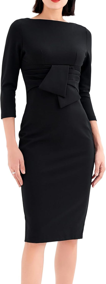 Work Office Business Dress - Square Neck Sheath Midi Dress with Long Sleeves Black 501_425