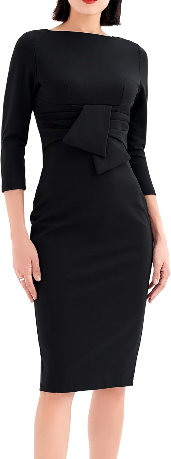 Work Office Business Dress - Square Neck Sheath Midi Dress with Long Sleeves Black 501_425