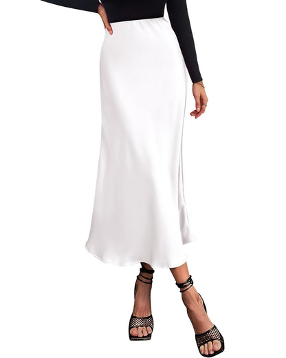 Women's High Waist Satin Midi Skirt - Elegant A-Line Flowy Party Wedding Skirt