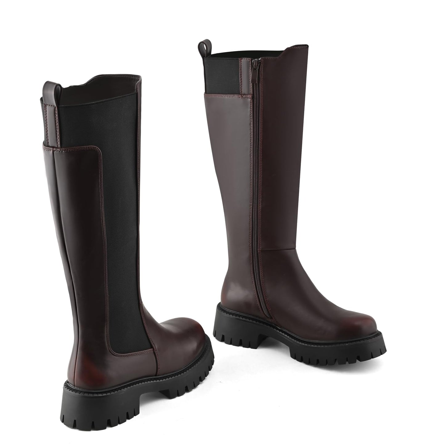 PODAIK Women’s Knee High Boots Platform Stretch Lug Sole Riding Boots Round Toe Elastic Comfortable Fashion Dress Boots with Side Zipper(10,burgundy)