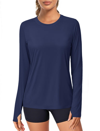 Women's UPF 80+ Long Sleeve Rash Guard - Quick Dry Athletic Shirt with Thumb Holes Navy Blue