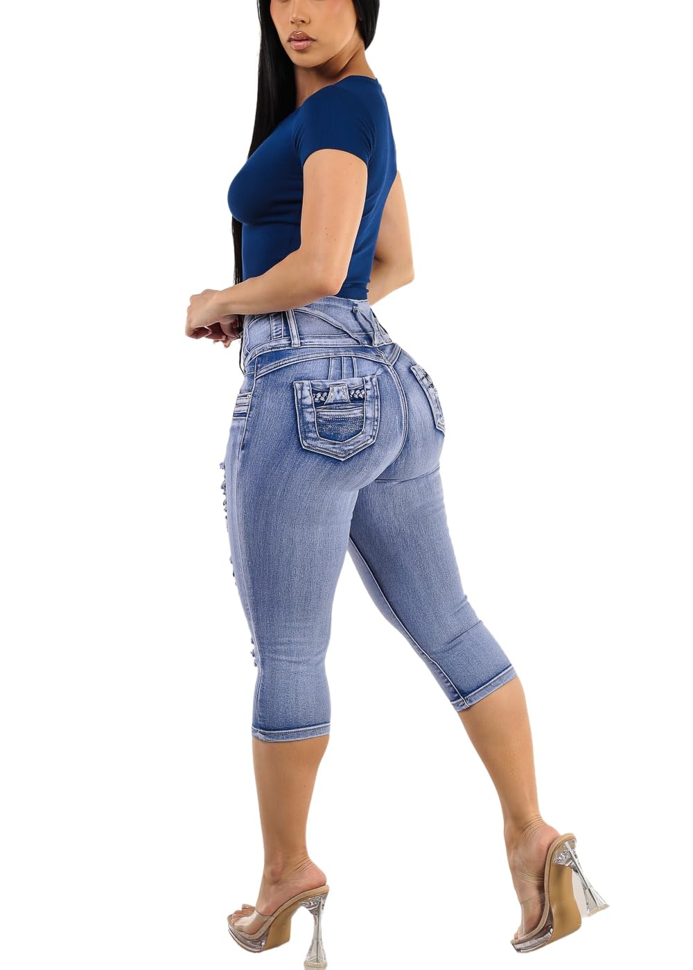 Butt Lifting Denim Capris for Women - High Waisted Stretch Levanta Cola Capris