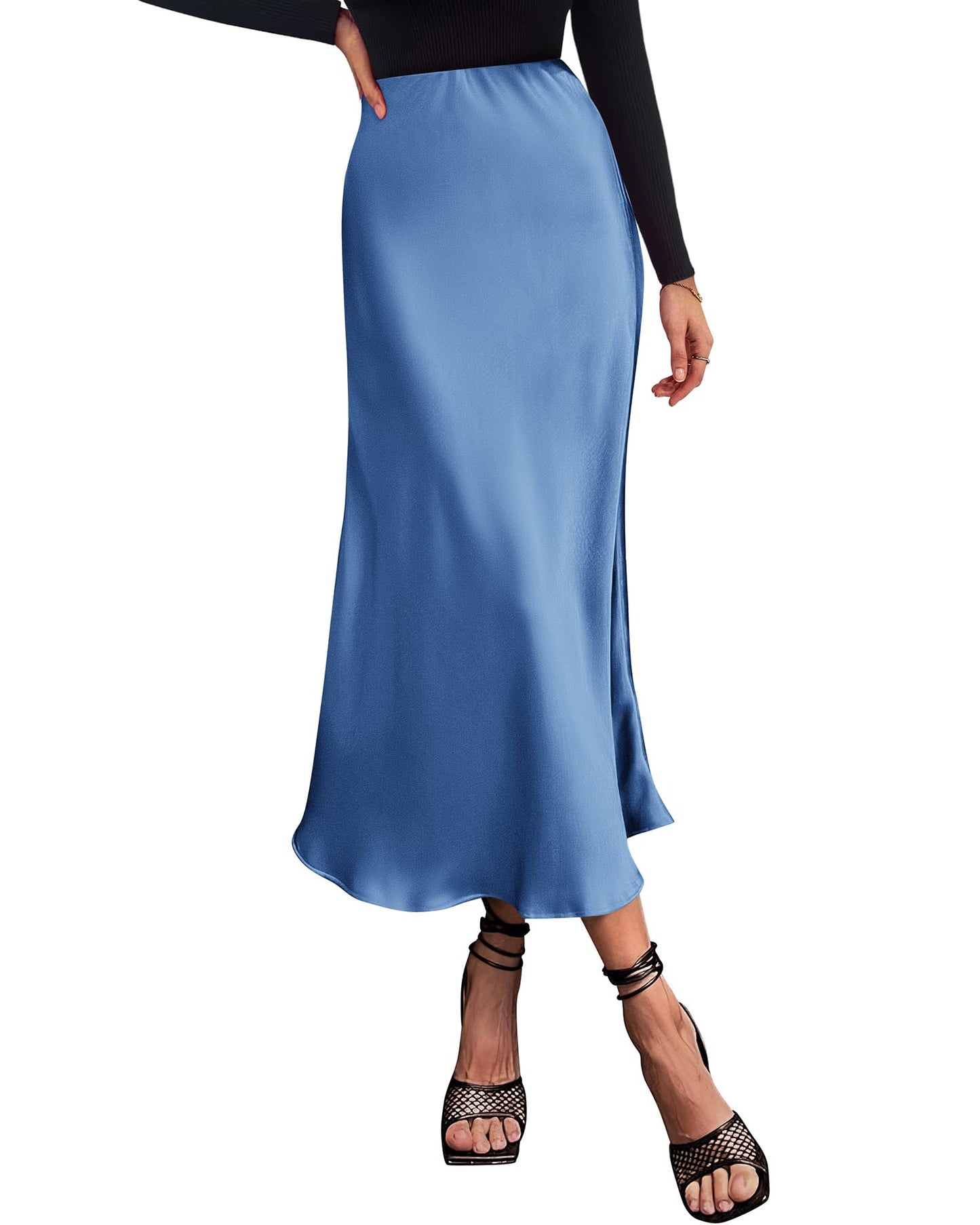Women's High Waist Satin Midi Skirt - Elegant A-Line Flowy Party Wedding Skirt
