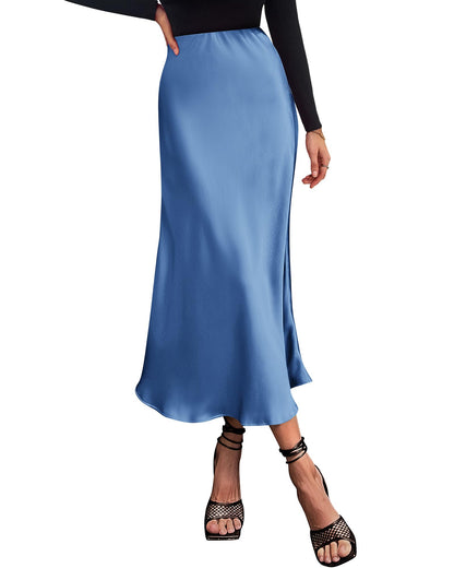 Women's High Waist Satin Midi Skirt - Elegant A-Line Flowy Party Wedding Skirt