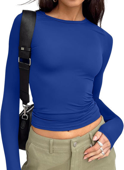 Long Sleeve Crop Top for Women - Stretchy Basic Tee with Crew Neck