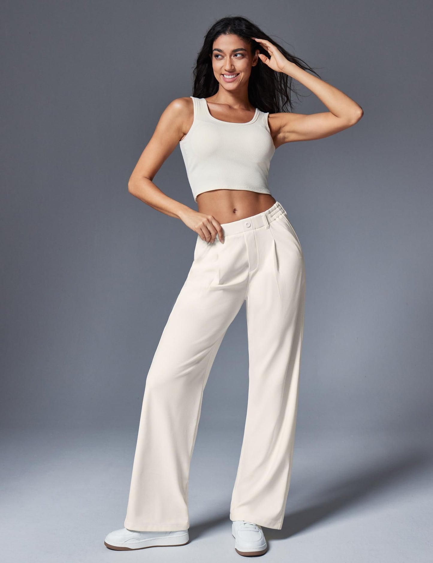 Women's Wide Leg Work Pants - Stretchy Pull-On Business Casual Trousers with Pockets