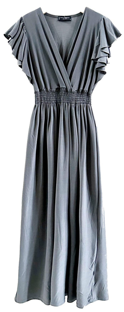 Smocked Maxi Dress - V Neck Exotic Print Dress for Maternity & Plus Size Solid Grey