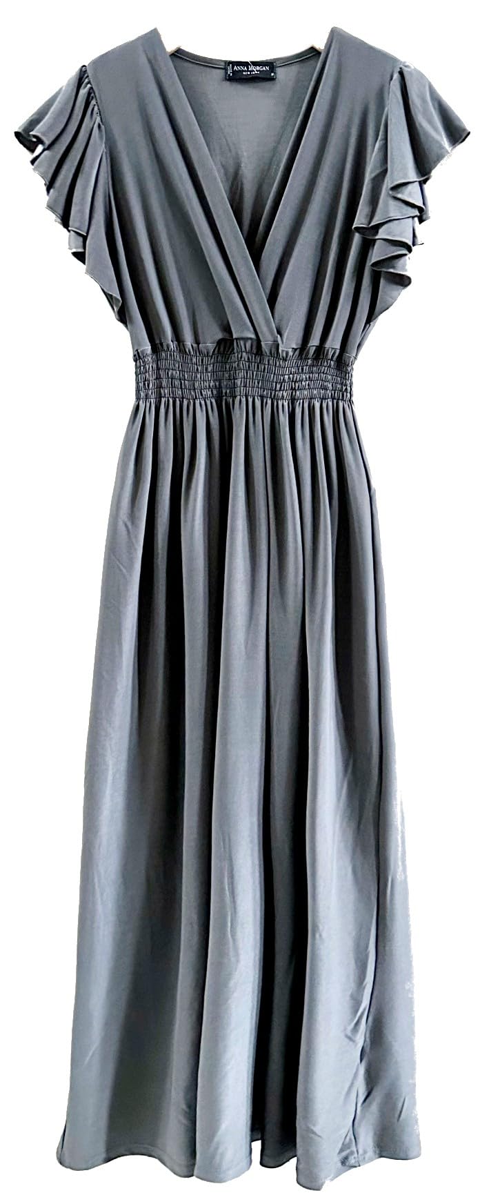 Smocked Maxi Dress - V Neck Exotic Print Dress for Maternity & Plus Size Solid Grey