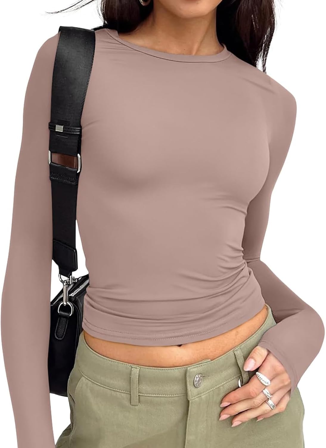 Long Sleeve Crop Top for Women - Stretchy Basic Tee with Crew Neck