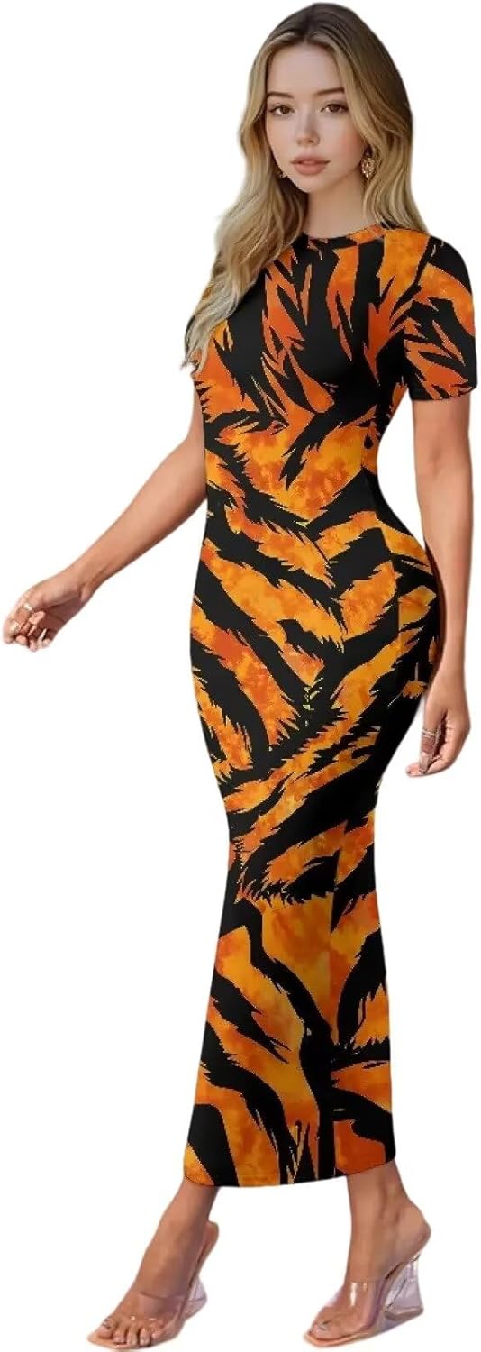 Women's Jamaican Flag Bodycon Midi Dress Short Sleeve Tiger Print