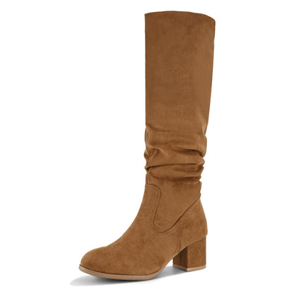Shoe'N Tale Women's Knee High Boots Chunky Heel Pointed Toe Suede Slouch Winter Shoes with Side Zipper