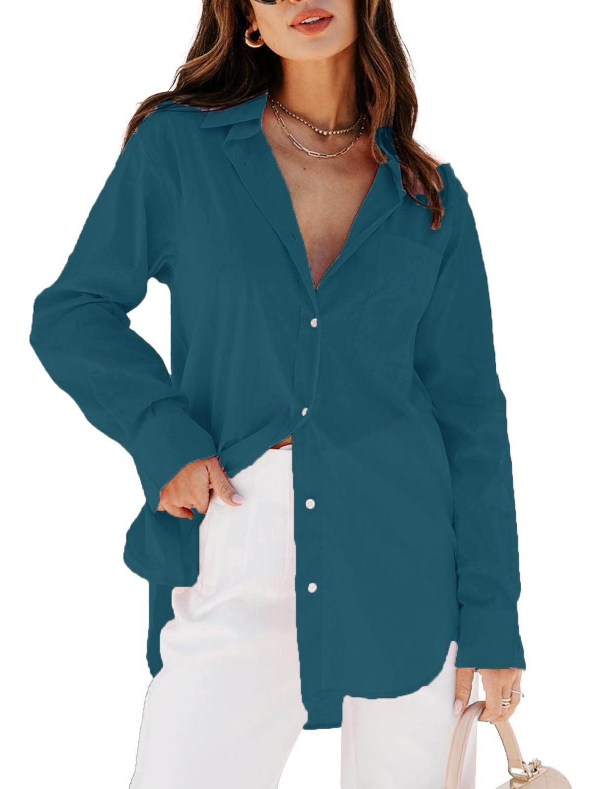 Women's Button Down Shirt - Long Sleeve V-Neck Blouse with Pockets Blue02