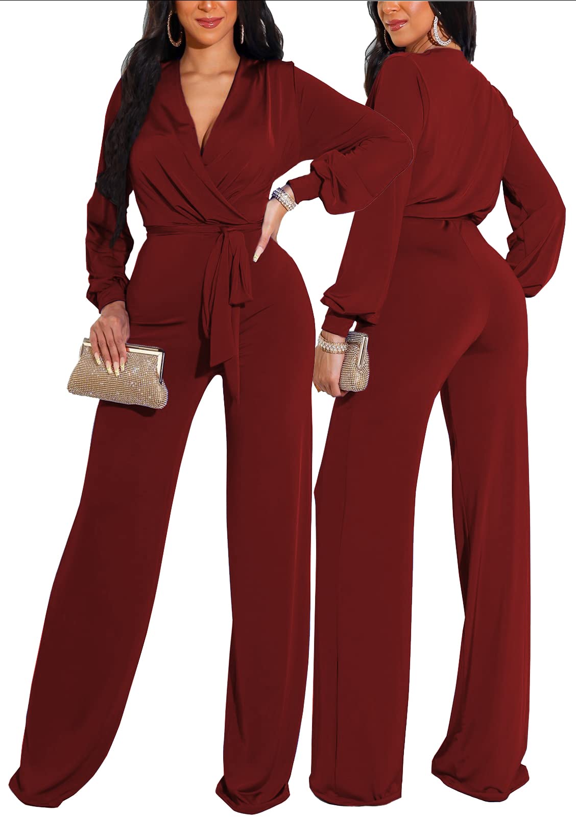 shengfan Formal Jumpsuits for Women Dressy Evening Sexy Deep V Neck Plus Size Long Wide Leg Pants Rompers Clubwear