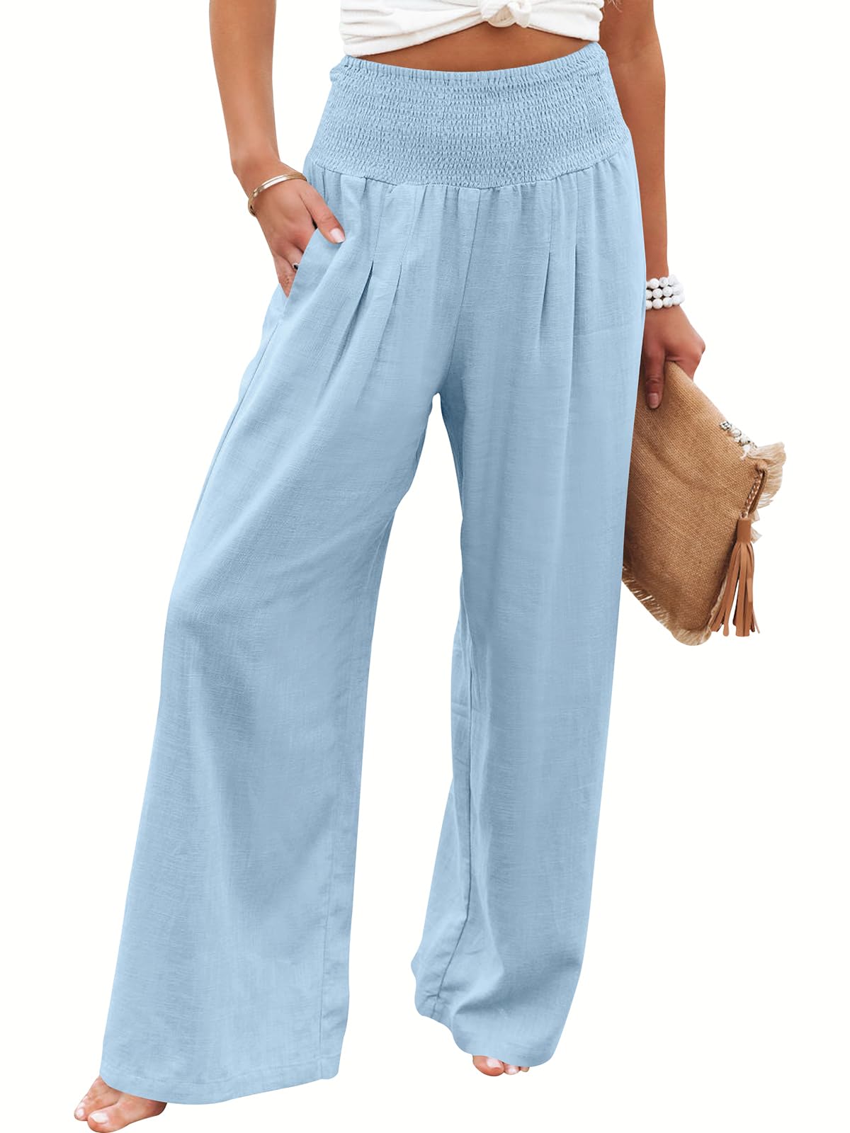 Linen Palazzo Pants Women Wide Leg High Waist Summer Boho Casual Lounge Pants