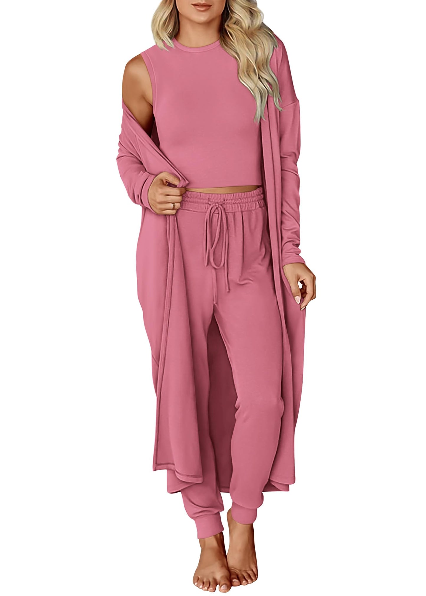 KIRUNDO 3 Piece Lounge Sets for Women Airport Travel Vacation Outfits 2025 Fall Cardigan Matching Sleeveless Top Jogger Pants