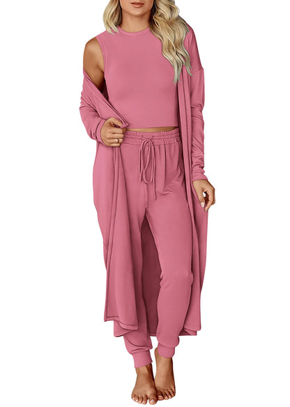 KIRUNDO 3 Piece Lounge Sets for Women Airport Travel Vacation Outfits 2025 Fall Cardigan Matching Sleeveless Top Jogger Pants