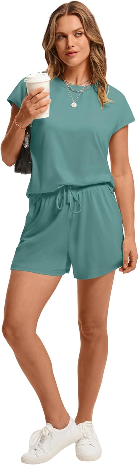 Women's 2 Piece Summer Lounge Set Crew Neck Short Sleeve Tracksuit