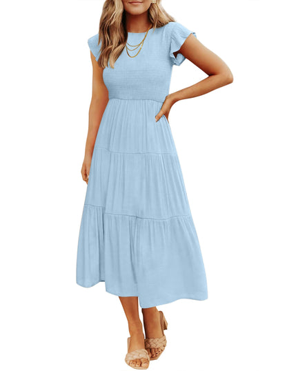 Blue Casual Dresses - Women's Summer Tiered Midi Dress - Flutter Sleeve Smocked Waist