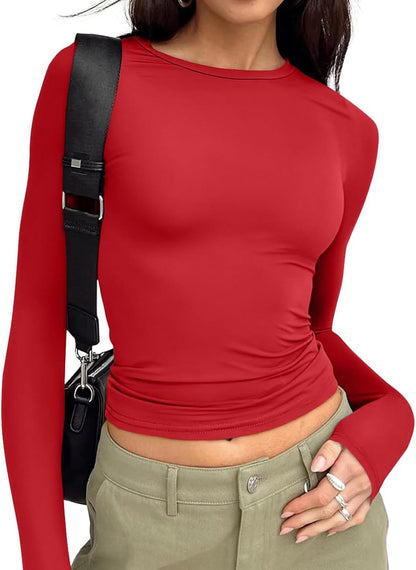 Long Sleeve Crop Top for Women - Stretchy Basic Tee with Crew Neck