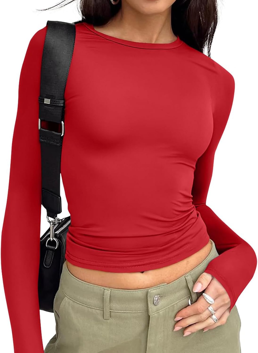 Long Sleeve Crop Top for Women - Stretchy Basic Tee with Crew Neck