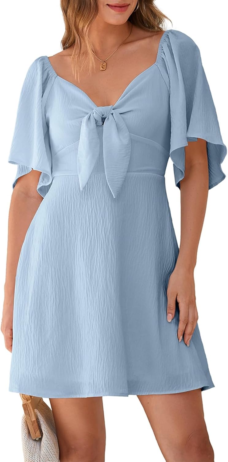 Women's Deep V-Neck Mini Dress with Bow Tie - Elegant Summer Fall Outfit Sky Blue