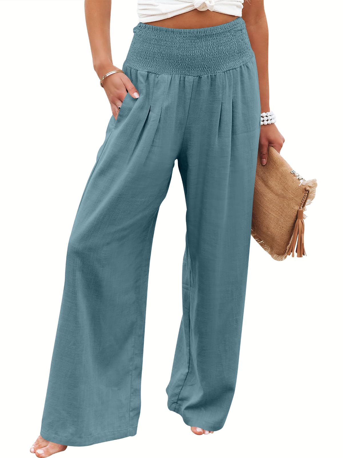 Linen Palazzo Pants Women Wide Leg High Waist Summer Boho Casual Lounge Pants