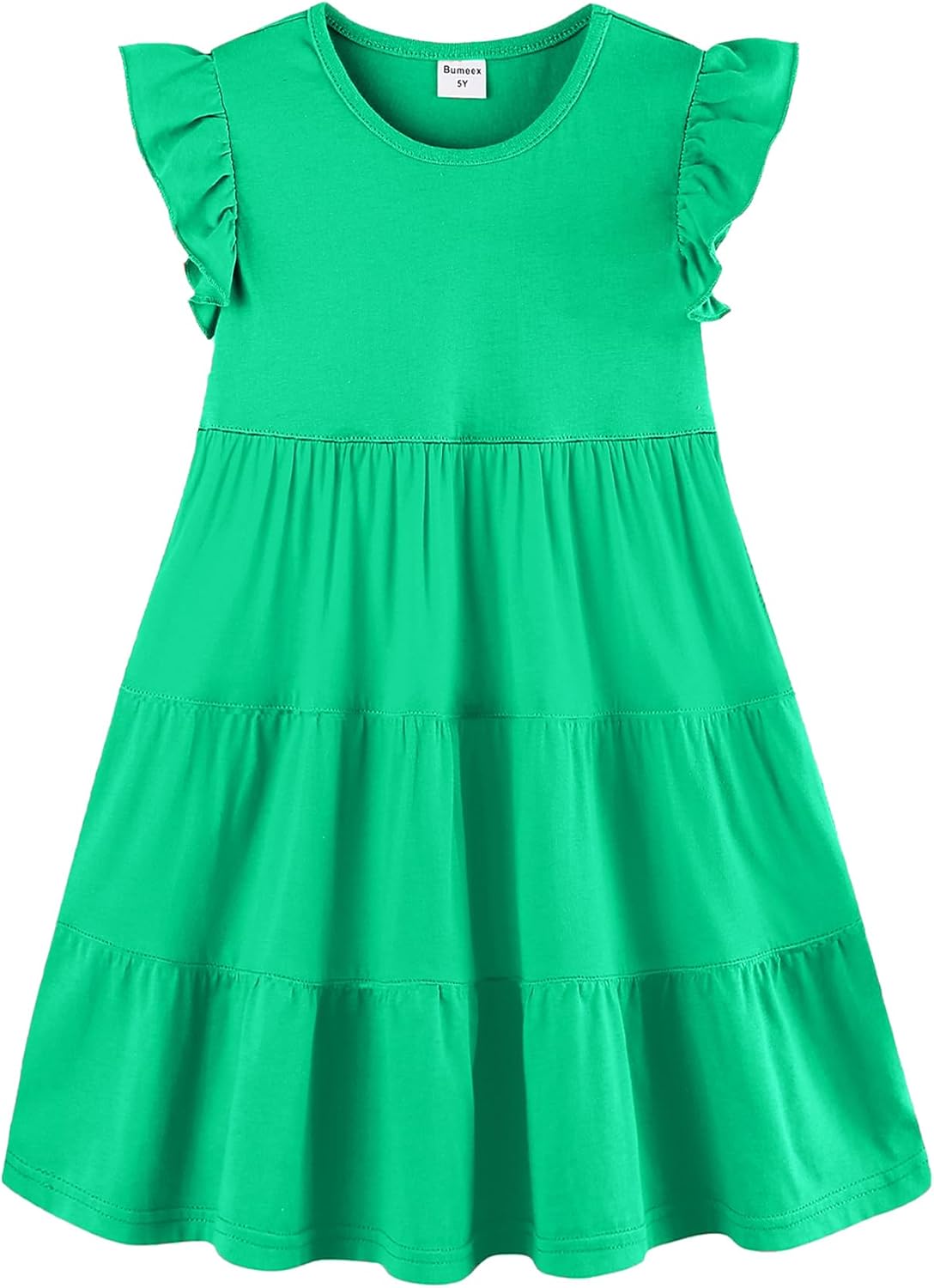 Girls Cotton Dress - Ruffle Sleeve Tiered A-Line Midi Sundress Green
