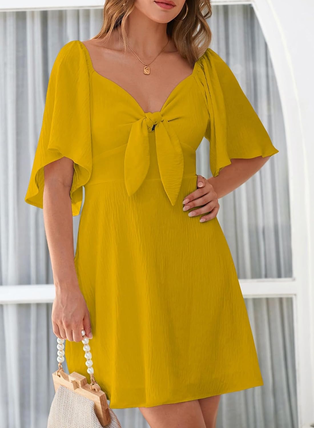 Women's Deep V-Neck Mini Dress with Bow Tie - Elegant Summer Fall Outfit