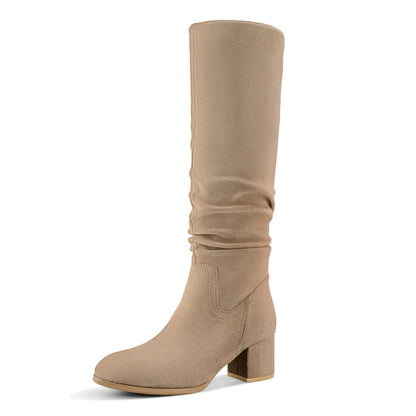 Shoe'N Tale Women's Knee High Boots Chunky Heel Pointed Toe Suede Slouch Winter Shoes with Side Zipper