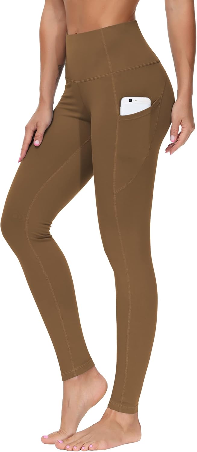 Women's High Waisted Yoga Leggings with Pockets - Thick Tummy Control Workout Pants Dark Brown