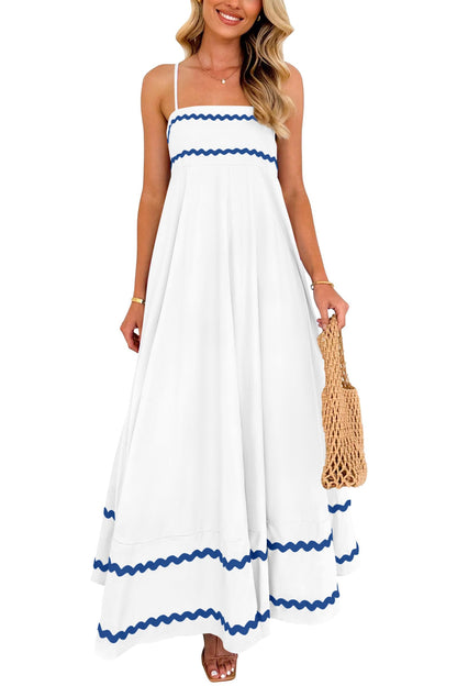 Blue Casual Dresses - Women's Sleeveless Spaghetti Strap Maxi Dress - Flowy Beach Ruffle White Blue