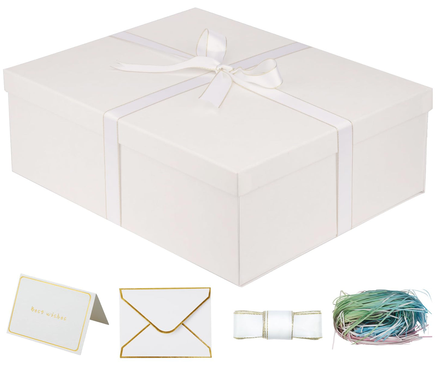 Large Gift Box with Lid 16.5x13x5.5 inches - Includes Card, Ribbons & Filler 1 Count (Pack of 1) 02-white