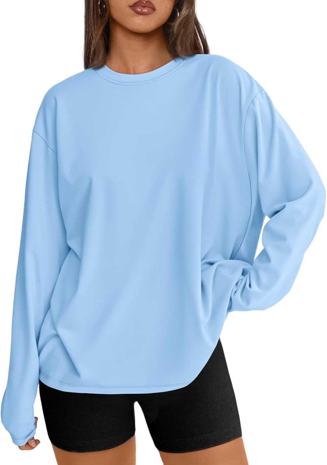 Women's Oversized Long Sleeve T-Shirt Casual Crewneck Basic Tee Skyblue