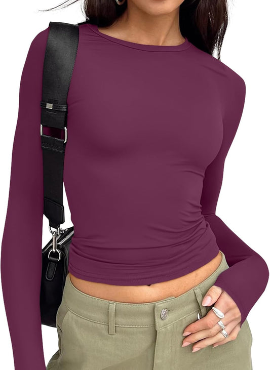 Long Sleeve Crop Top for Women - Stretchy Basic Tee with Crew Neck