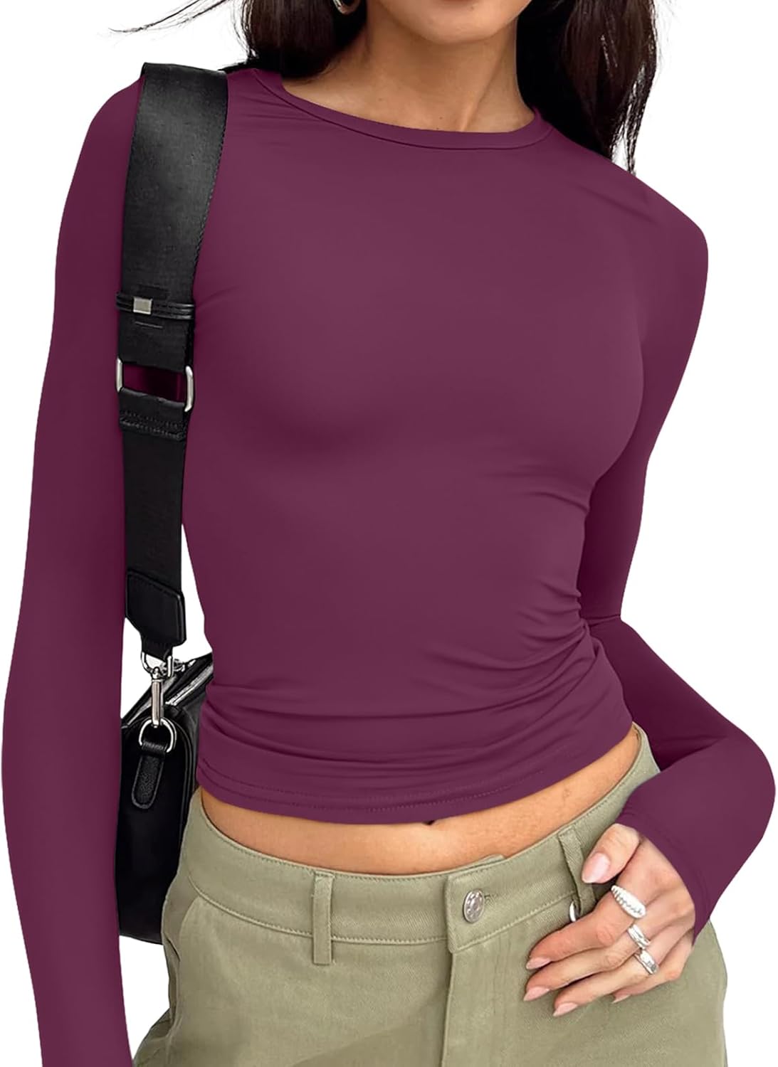 Long Sleeve Crop Top for Women - Stretchy Basic Tee with Crew Neck