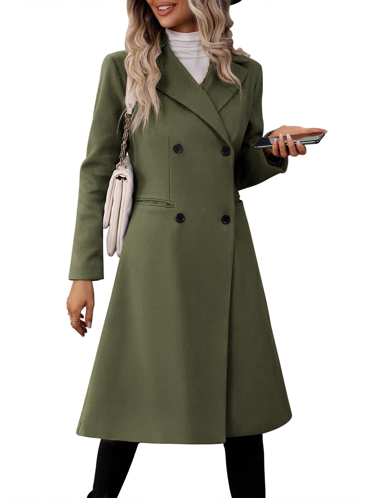Danedvi Womens Long Double Breasted Coats Lapel Collar Pea Coat Winter Slim Fit Jackets Trench Coat Outwear