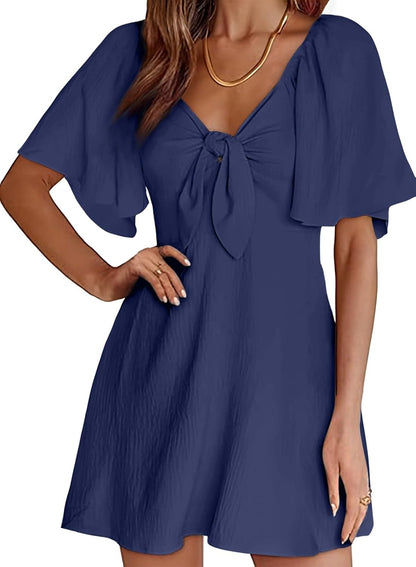 Women's Deep V-Neck Mini Dress with Bow Tie - Elegant Summer Fall Outfit A Blue