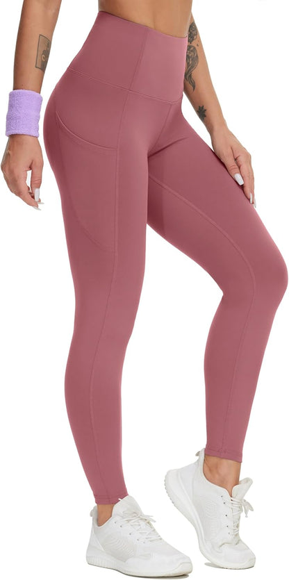 Women's High Waisted Yoga Leggings with Pockets - Thick Tummy Control Workout Pants X-Large Rose Red