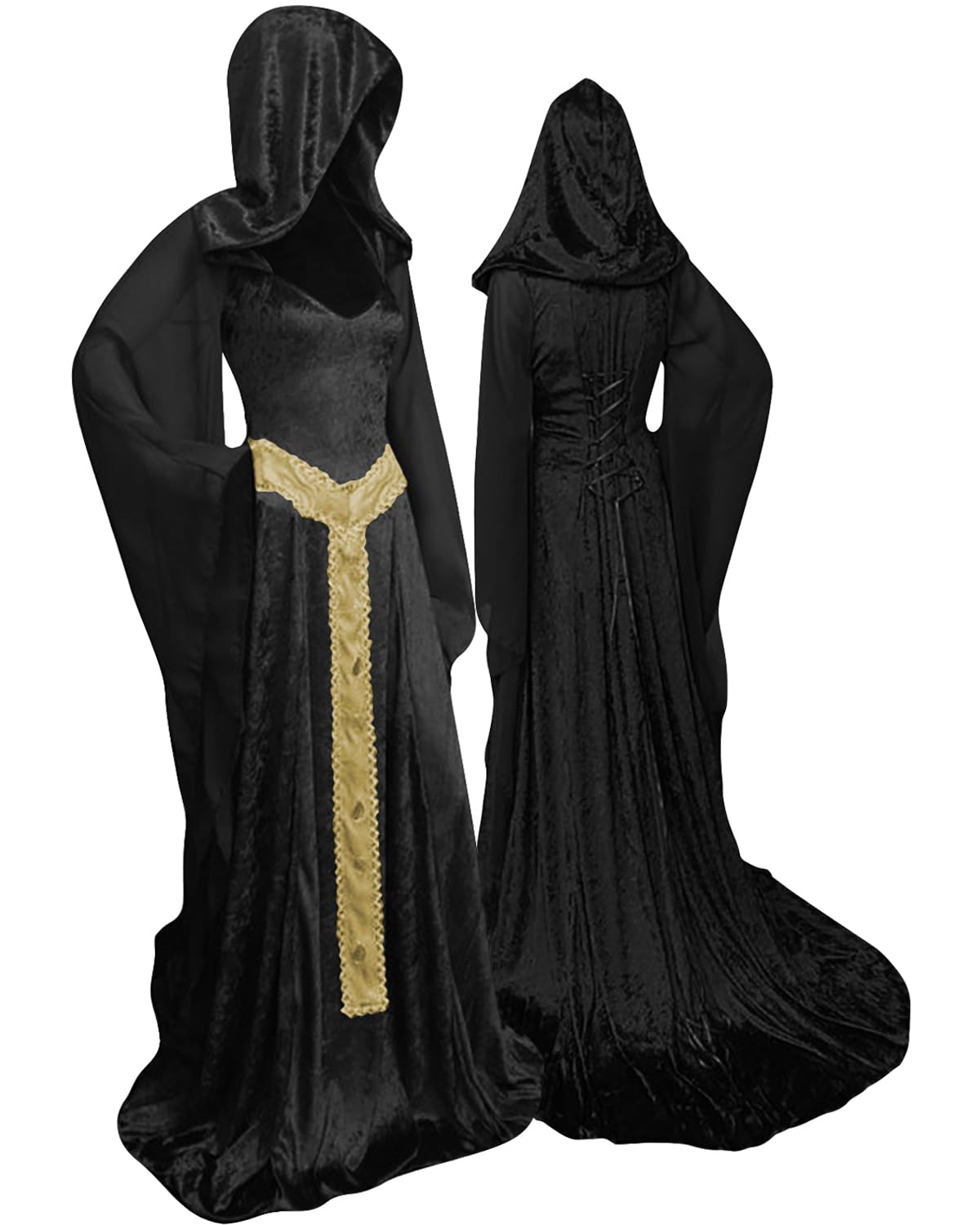 Women's Medieval Hooded Cloak - Vintage Lace-up Long Dress Costume Black