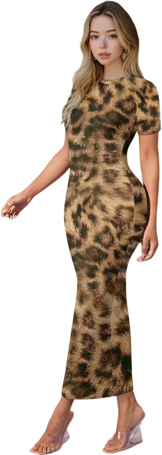 Women's Jamaican Flag Bodycon Midi Dress Short Sleeve Leopard