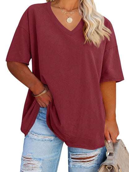 Cato Fashions Online - Women's Plus Size V-Neck Cotton T-Shirts - Summer Half Sleeve Casual Loose Fit Tunic Tops Wine Red