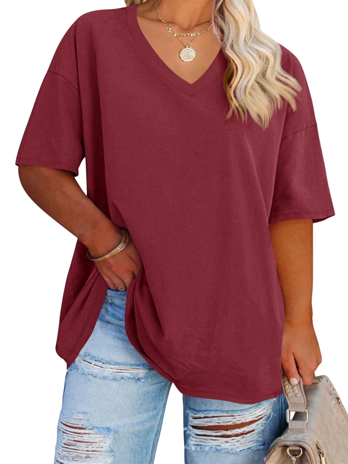Cato Fashions Online - Women's Plus Size V-Neck Cotton T-Shirts - Summer Half Sleeve Casual Loose Fit Tunic Tops Wine Red