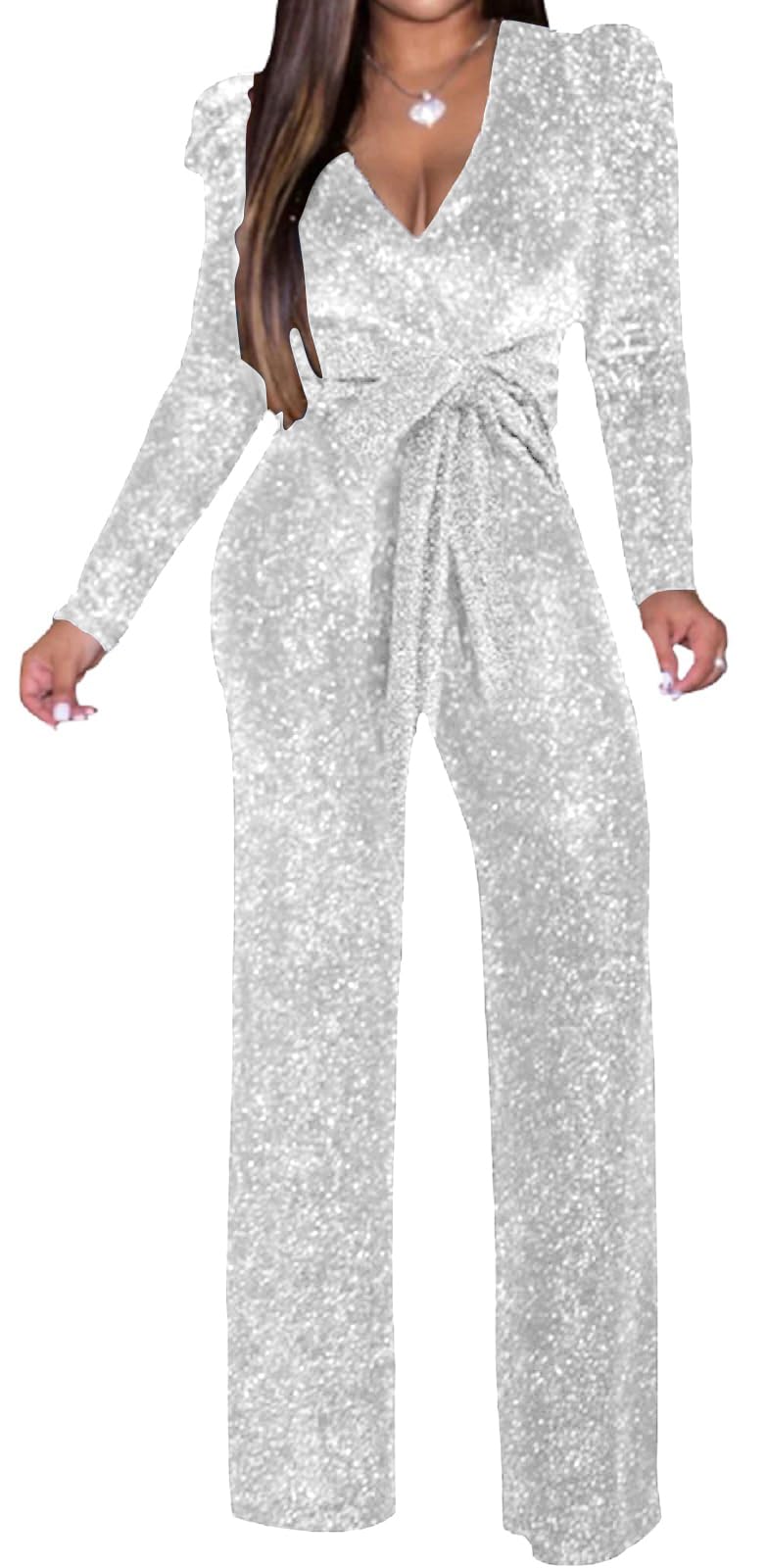 Women's Sparkly Jumpsuits Sexy Long Sleeve Cocktail Elegant Mock Neck Bodycon Straight Long Pants Rompers with Pockets