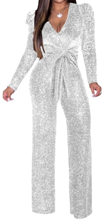 Women's Sparkly Jumpsuits Sexy Long Sleeve Cocktail Elegant Mock Neck Bodycon Straight Long Pants Rompers with Pockets