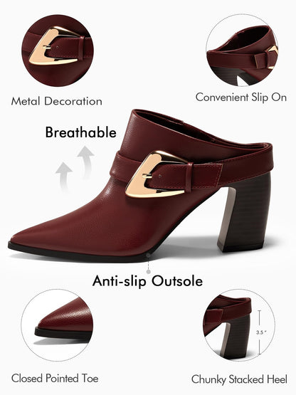 Coutgo Womens Mules Boots Chunky Stacked Heel Pointed Toe Booties Slip On Dress Boot Shoes with Buckle Decoration, Reddish Brown, Size 6.5