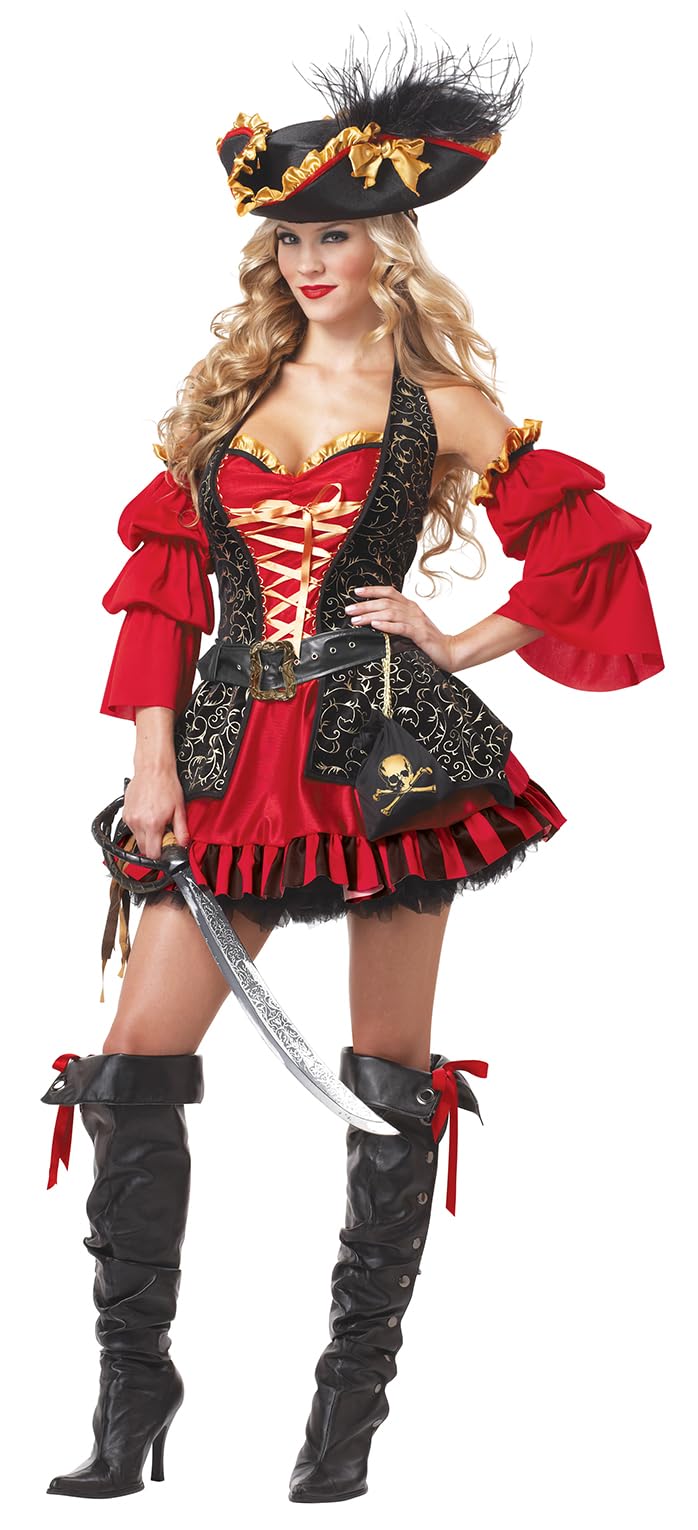 Women's Spanish Pirate Costume - Halter Dress with Corset and Accessories Red
