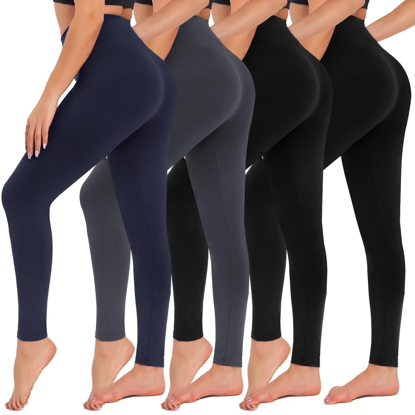 4 Pack High Waisted Leggings for Women - Tummy Control Yoga Pants Workout Set 4 Packs, Black Black Navy Dark Grey